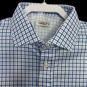 Collars & Co Polo Shirt Mens M Blue Tattersall Golf Preppy Stretch Dress NWT